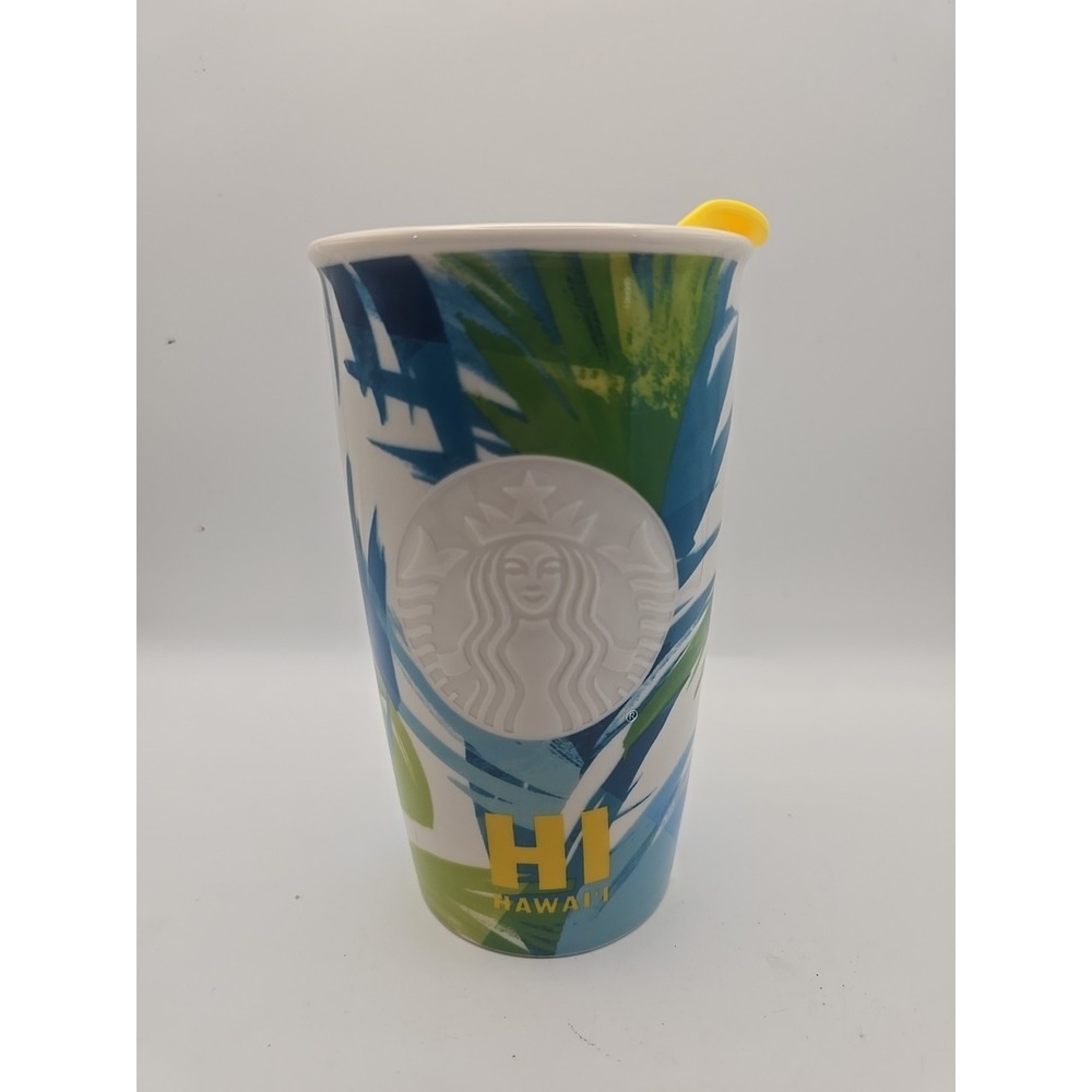 Starbucks 2016 Hi Hawaiian Yellow Tropical Palm Ceramic Travel Tumbler 12oz